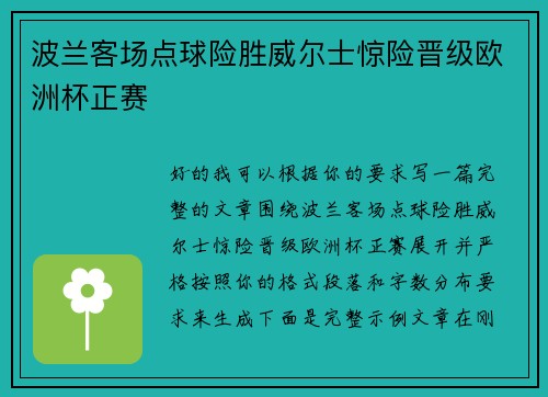 波兰客场点球险胜威尔士惊险晋级欧洲杯正赛 波兰客场点球险胜威尔士惊险晋级欧洲杯正赛